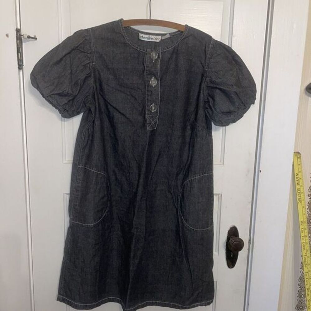 Jean Denim Dress‎ Front Pockets Round Neck Poof Shoulders 16W